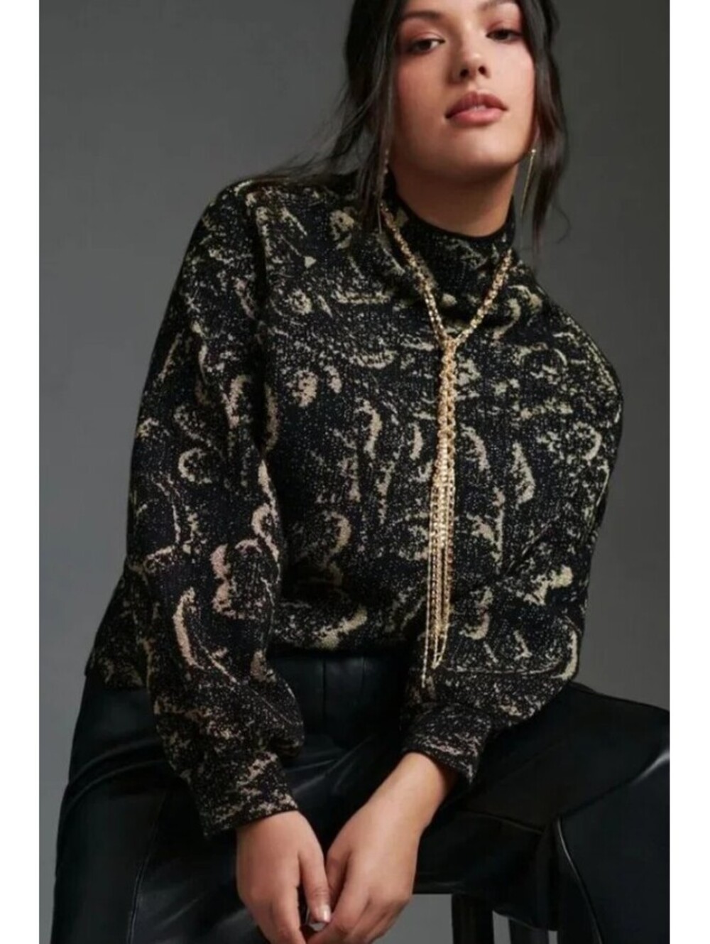 Anthropologie Beatriz Mock Neck Sweater Black with Gold Metallic-Women's 2X NWOT